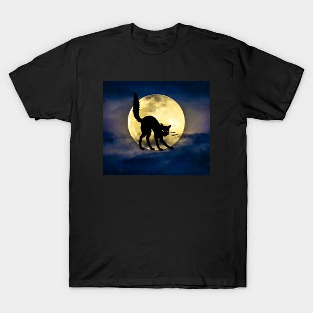 Halloween Black Cat with Moon T-Shirt by pawsitronic